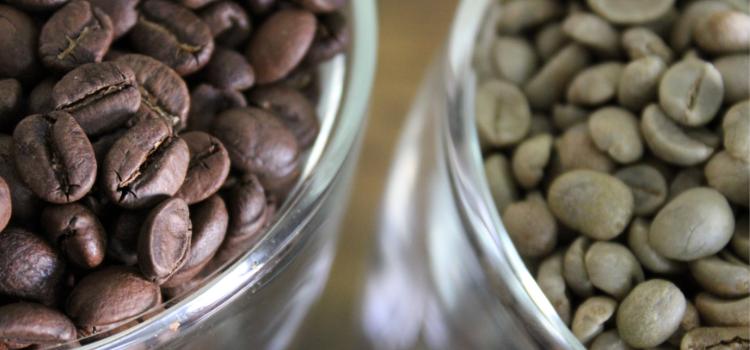 Green unroasted coffee next to roasted coffee beans