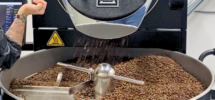 Fresh coffee coming out of the roaster