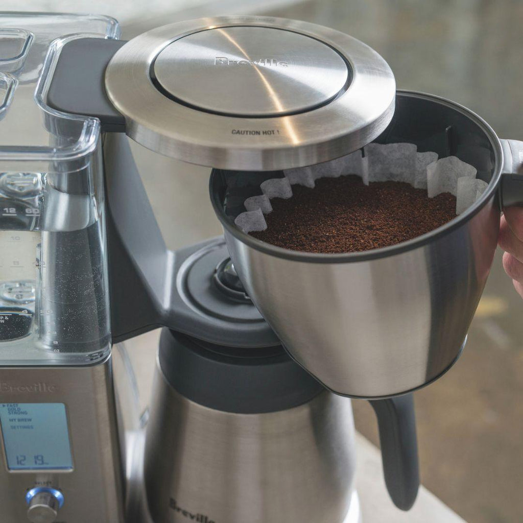 Breville Precision brewer from above with filter basket and stainless steel coffee maker