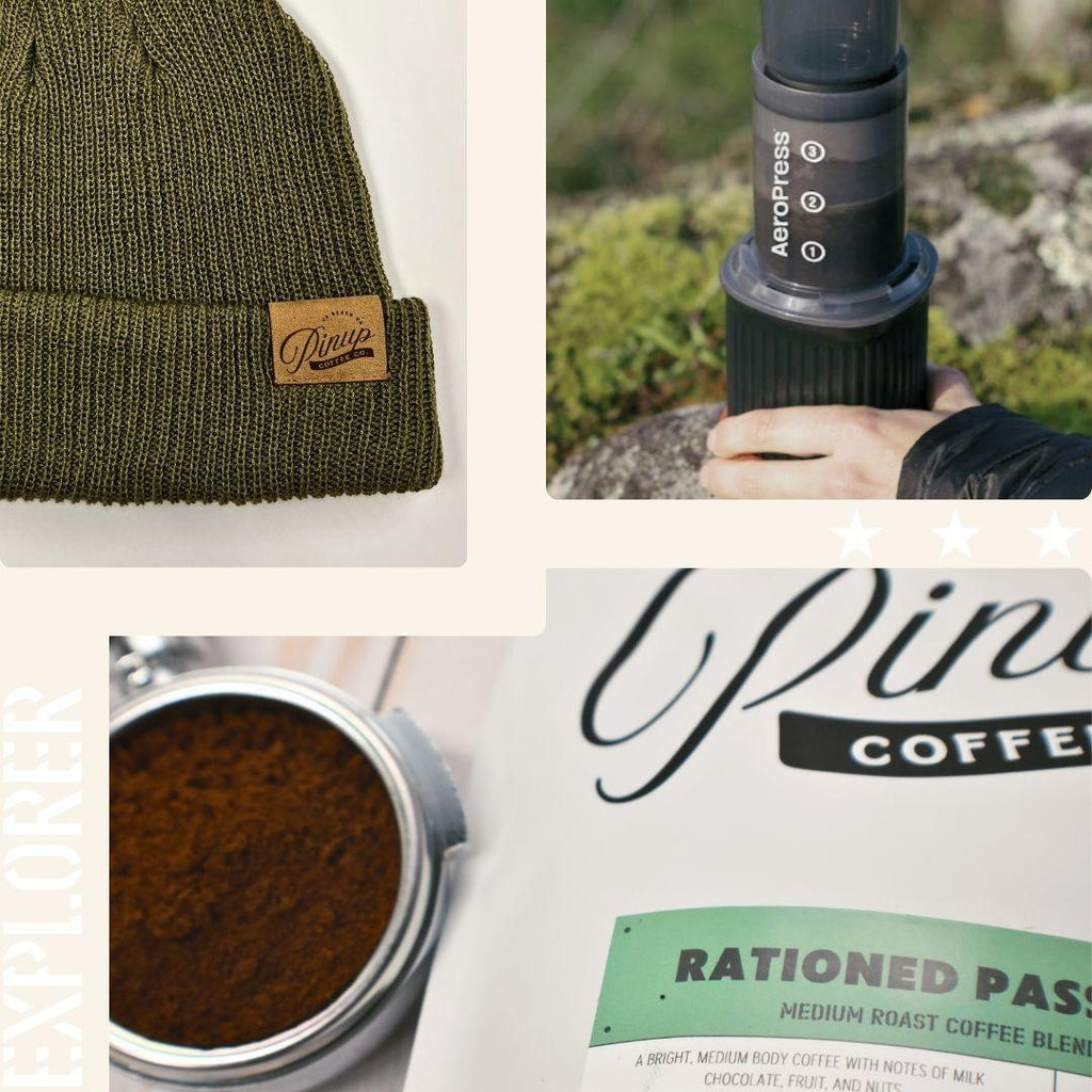 Coffee traveler kit with beanie, aeropress go, and bag of rationed passion medium roast