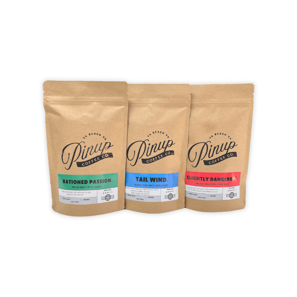 three sample size coffee bags