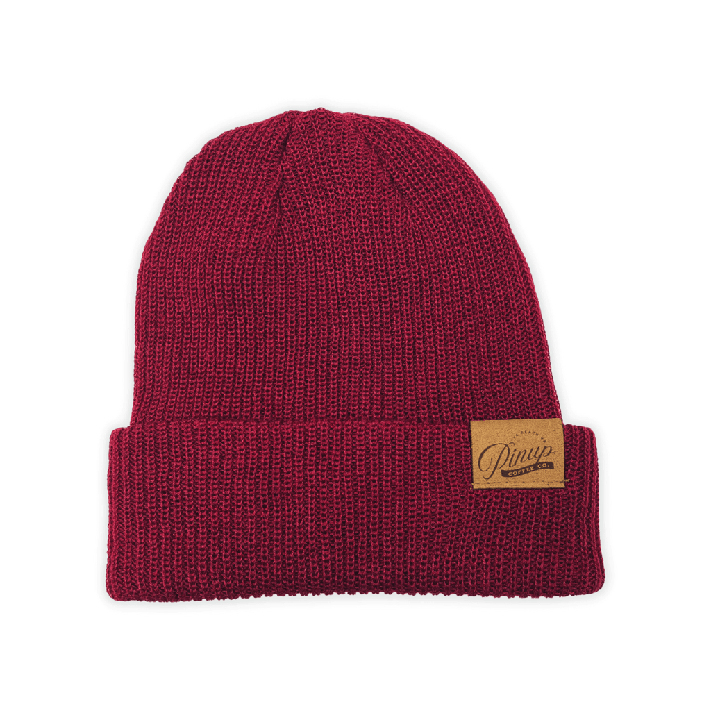 Top pick beanies, red beanie with suede logo patch, cuffed beanie
