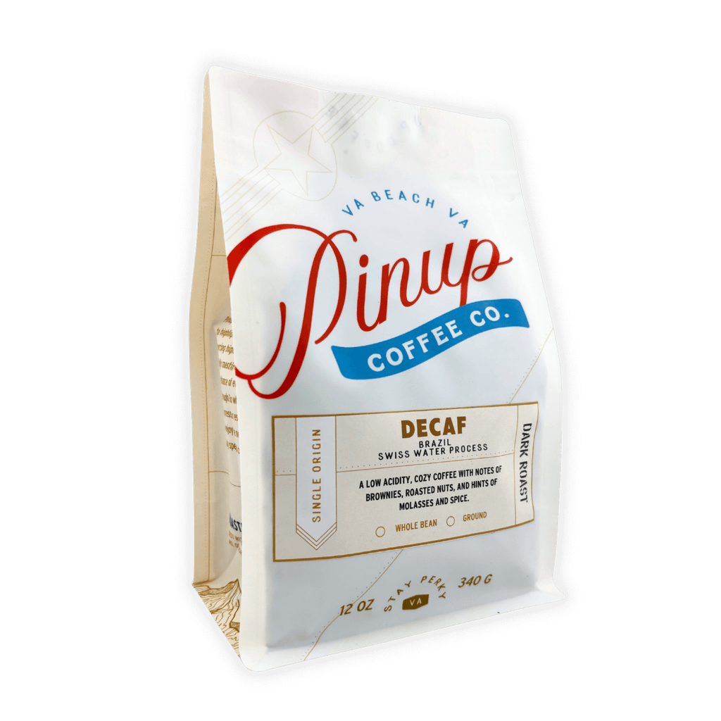 decaf coffee brazil dark roast bag by pinup coffee co