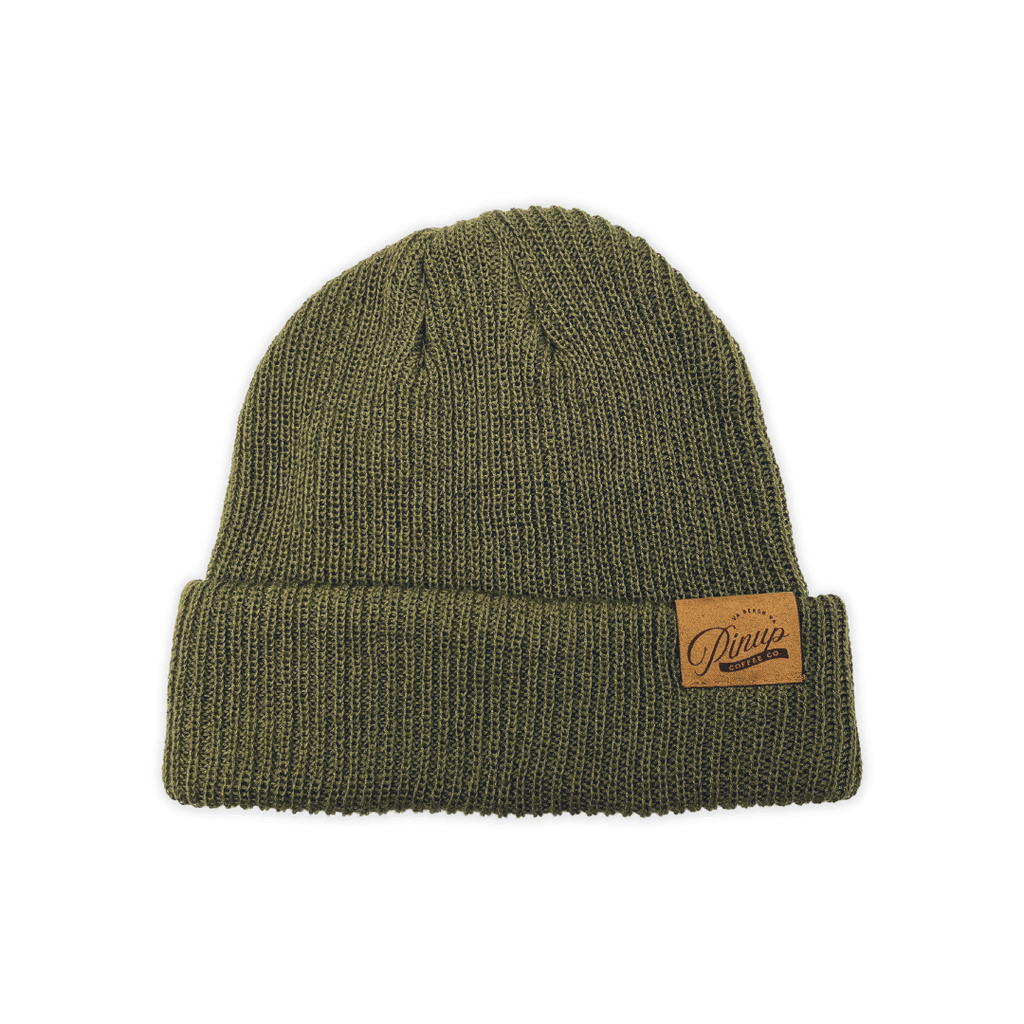 Top pick beanies, olive green beanie with suede logo patch, cuffed beanie