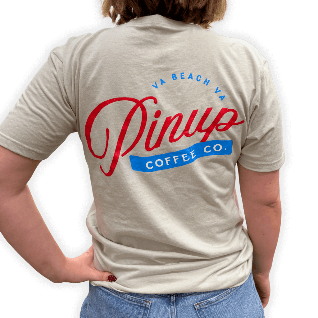 tan color pinup coffee t shirt with color logo