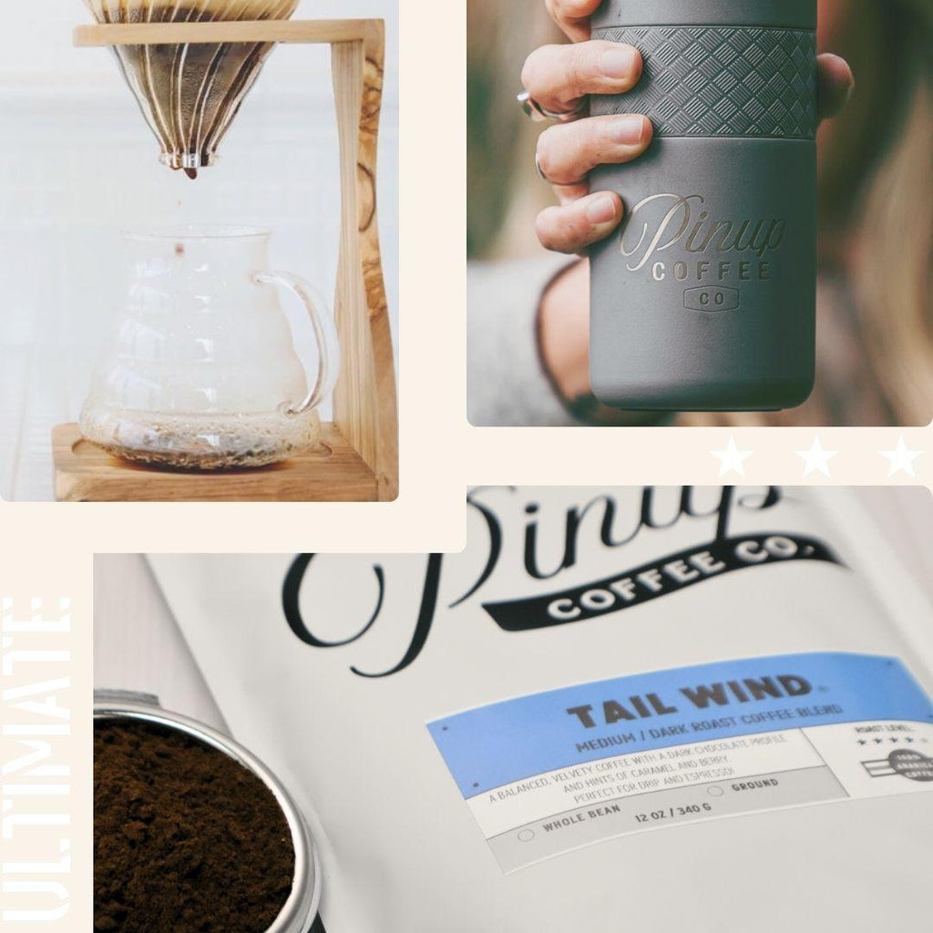 The ultimate coffee gift set with a coffee dripper, tumbler, and bag of tail wind medium dark roast coffee