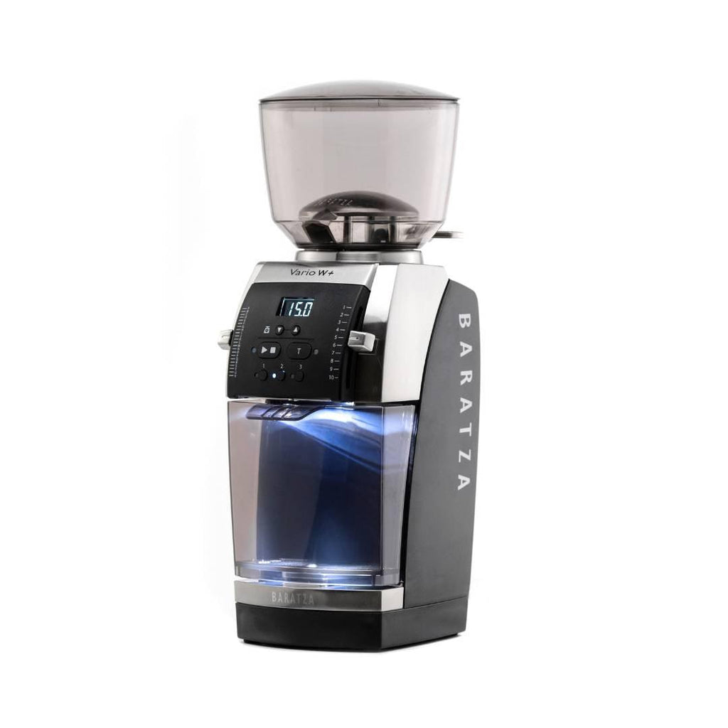 Vario W+ Home Coffee Grinder. Black with silver and black faceplate and lighted tray