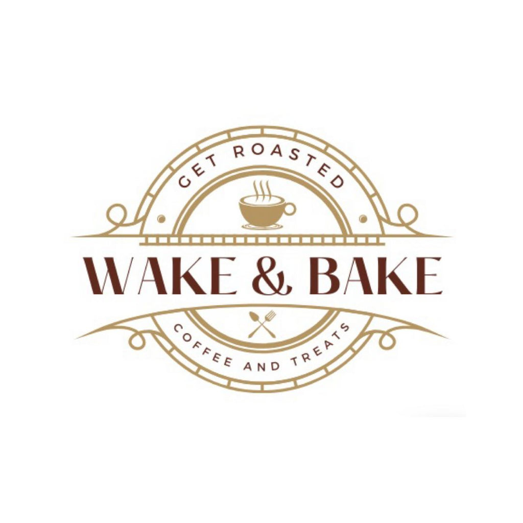 Logo for 'Wake & Bake' coffee shop with decorative text and coffee cup icon.
