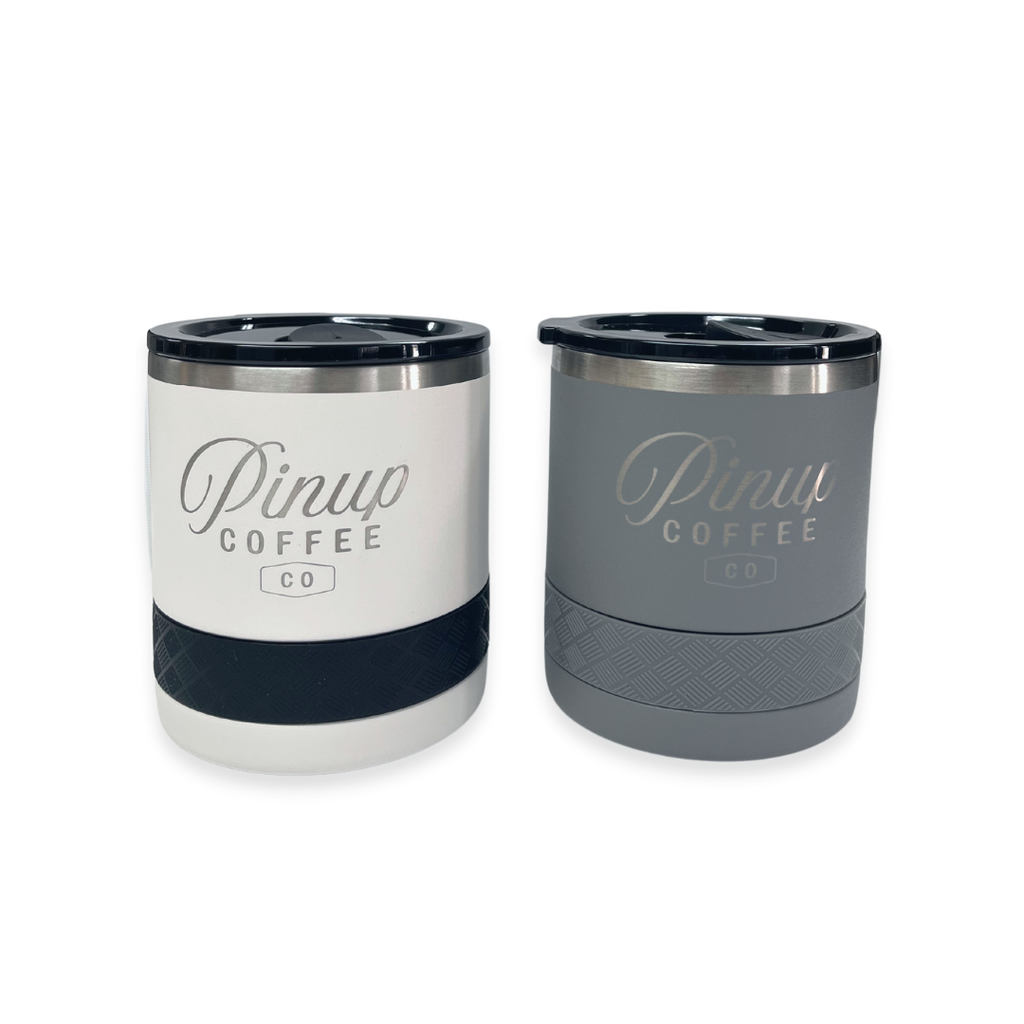white and grey 10oz rocks tumblers with Pinup Coffee Co engraving