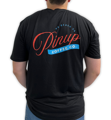 Black t-shirt featuring the Pinup Coffee Co logo