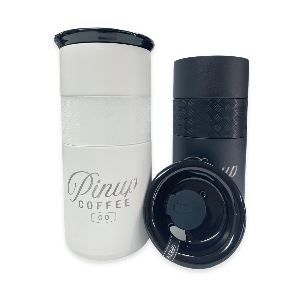 10oz tumblers with lid and pinup coffee co engraving
