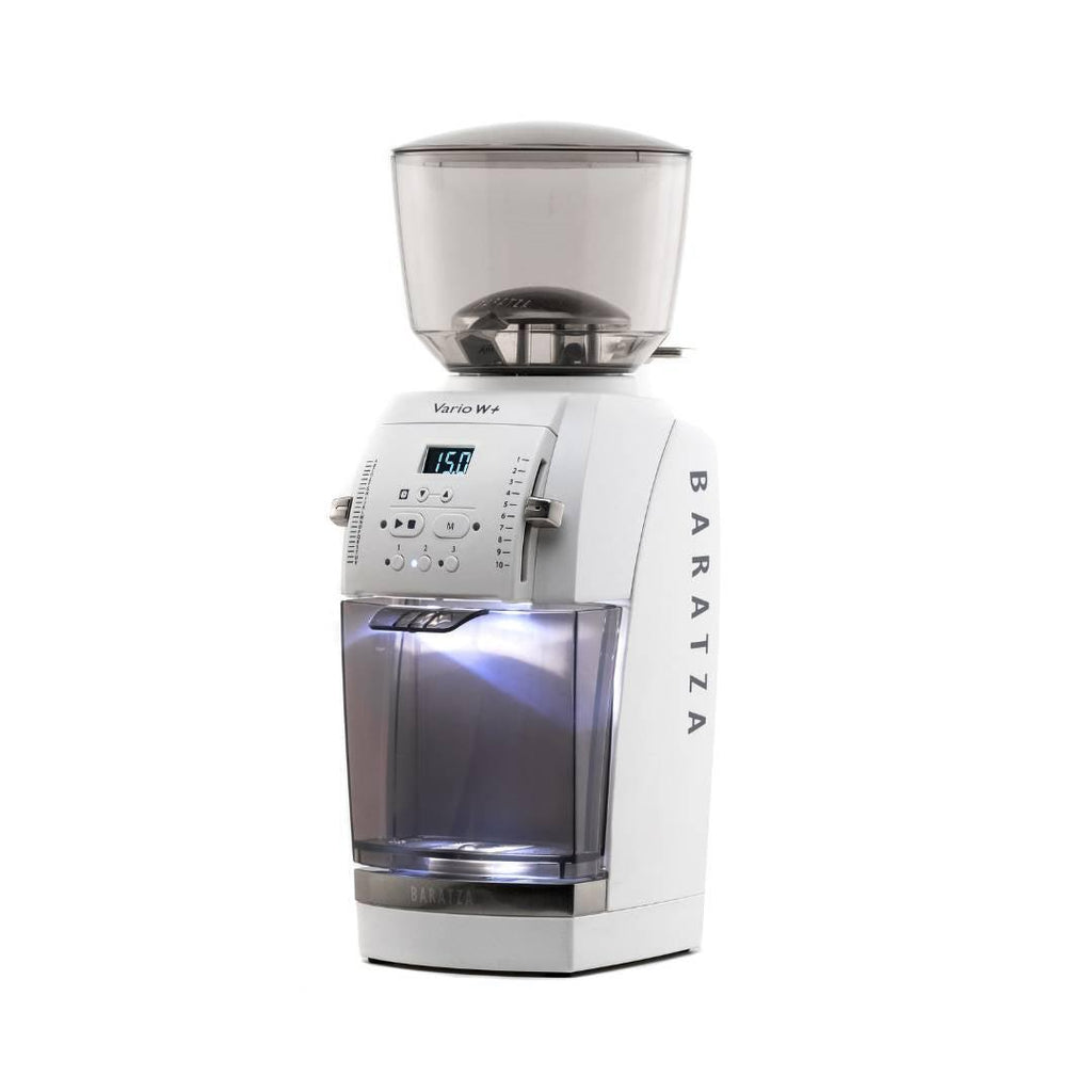 Baratza Vario W+ home coffee grinder in white, with backlit tray