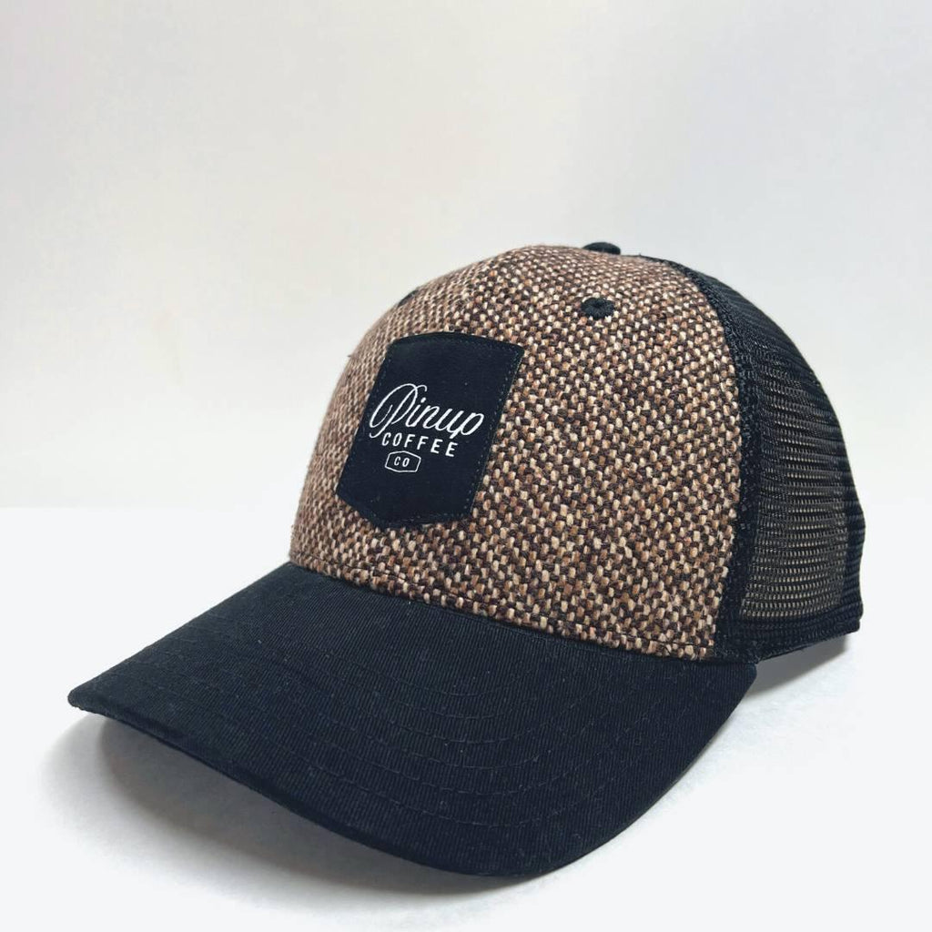 brown tweed trucker hat with black mesh
