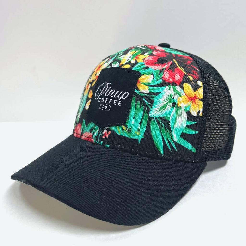 hawaiian print trucker hat with black mesh
